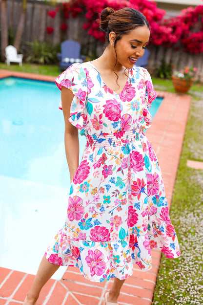 Hello Beautiful Ivory & Fuchsia Floral Sequin Smock Waist Midi Dress