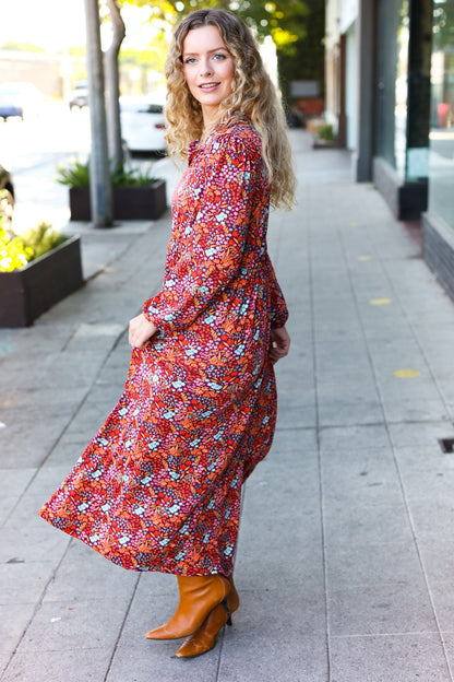 Casual Living Burgundy Floral Collared Fit & Flare Maxi Dress