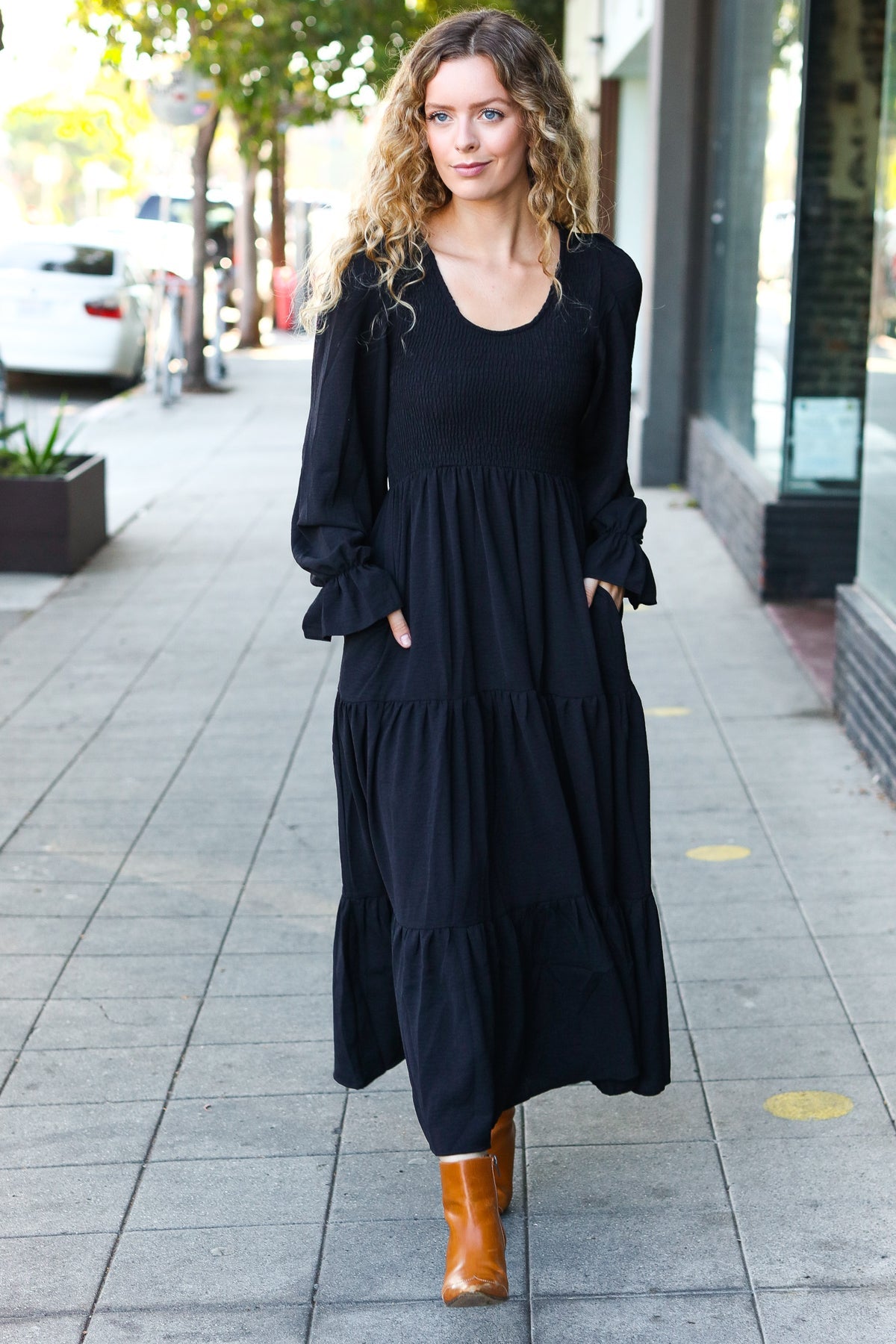 Beautiful You Black Smocked Ruffle Sleeve Maxi Dress