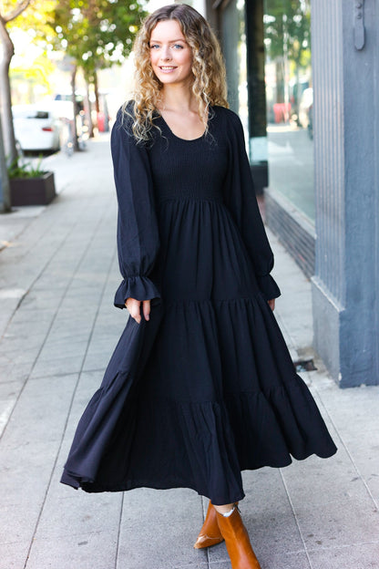 Beautiful You Black Smocked Ruffle Sleeve Maxi Dress