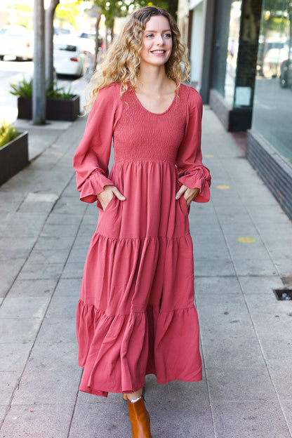 Beautiful You Lock Eyes Marsala Smocked Ruffle Sleeve Maxi Dress