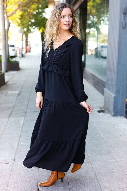 Beautiful You Black Pintuck Detail Frill V Neck Maxi Dress