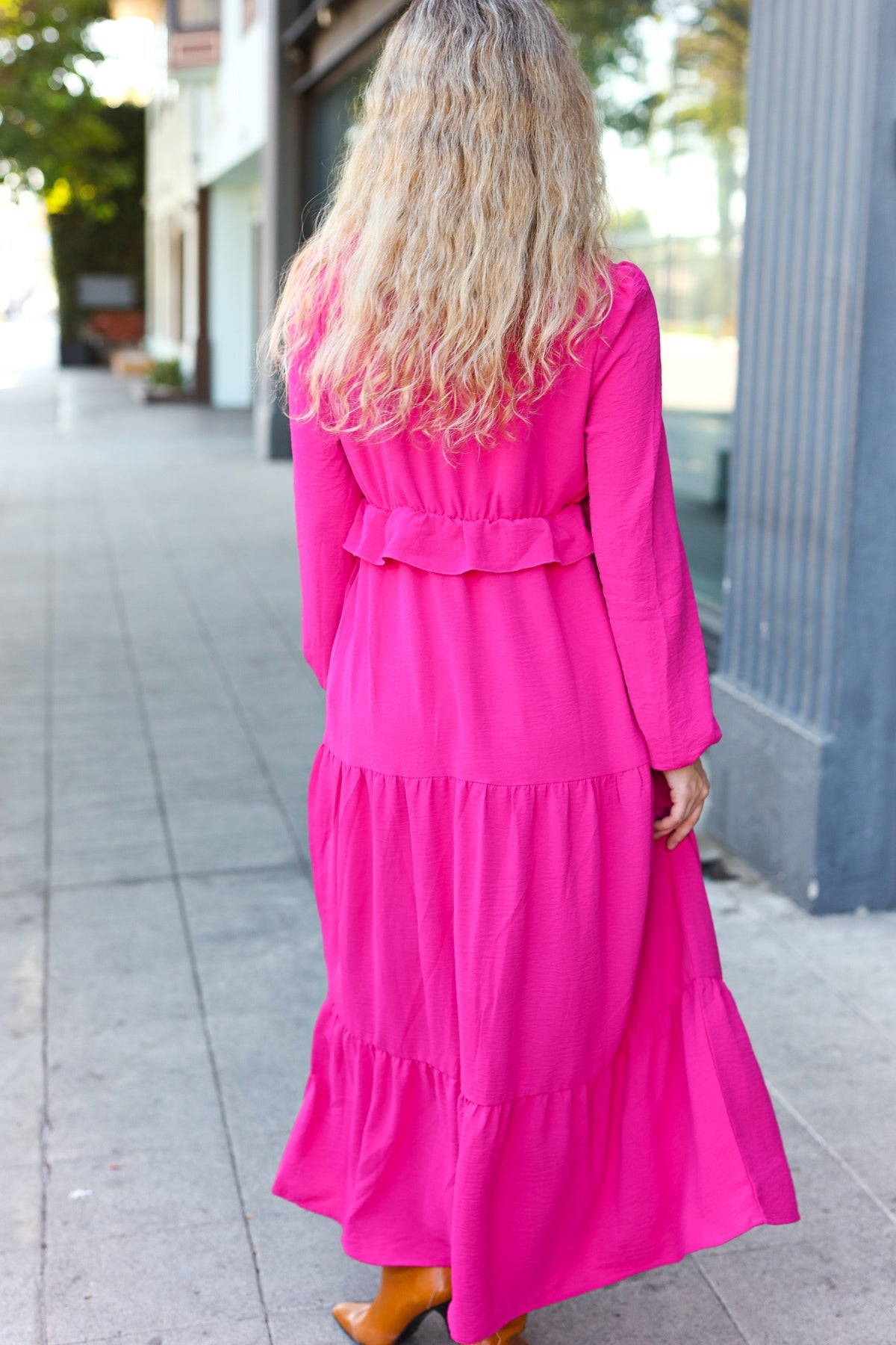 Beautiful You Berry Pintuck Detail Frill V Neck Maxi Dress