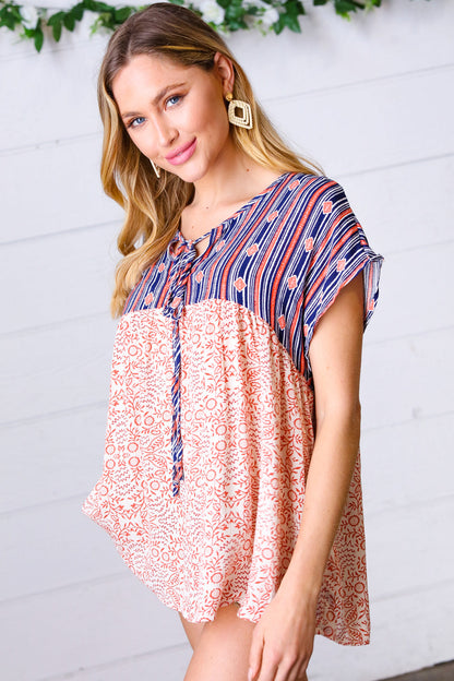 Navy & Coral Boho Tie Neck Dolman Top