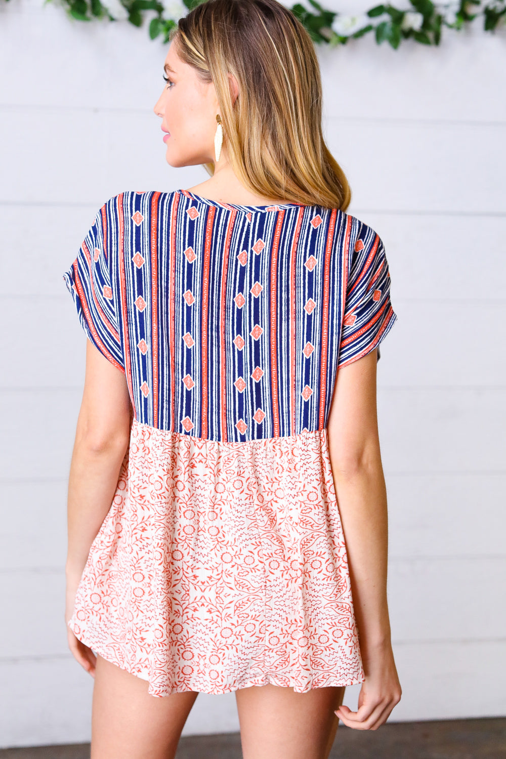 Navy & Coral Boho Tie Neck Dolman Top