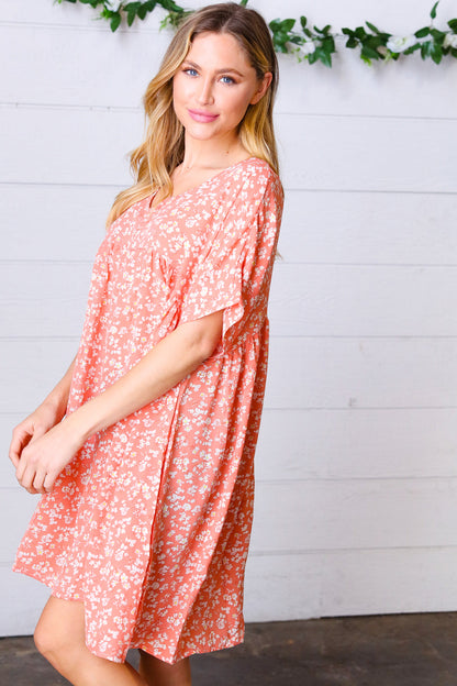 Peach Ditzy Floral Woven Dolman V Neck Dress