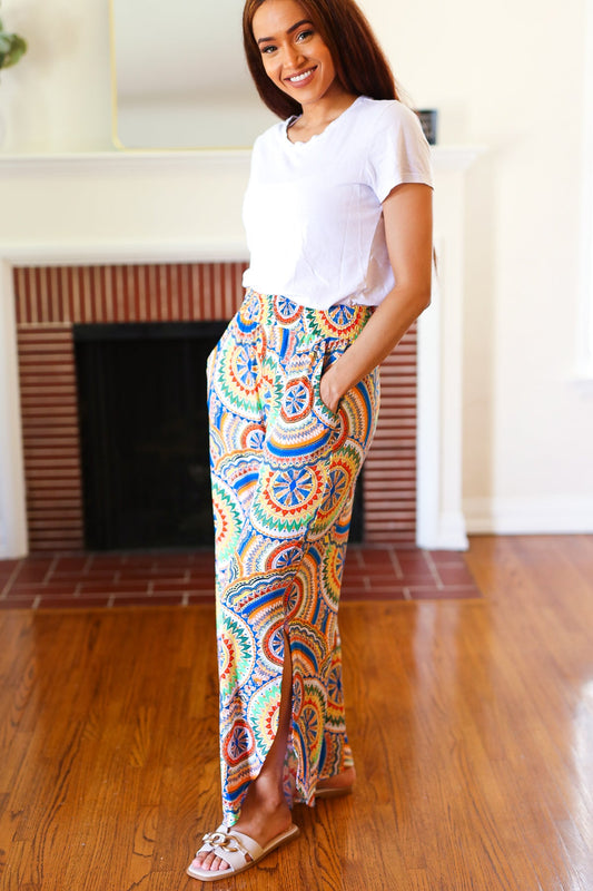 Multicolor Mandala Smocked Waist Side Slit Palazzo Pants