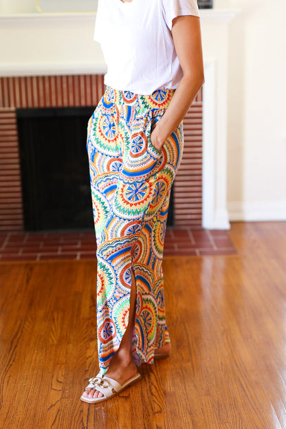 Multicolor Mandala Smocked Waist Side Slit Palazzo Pants