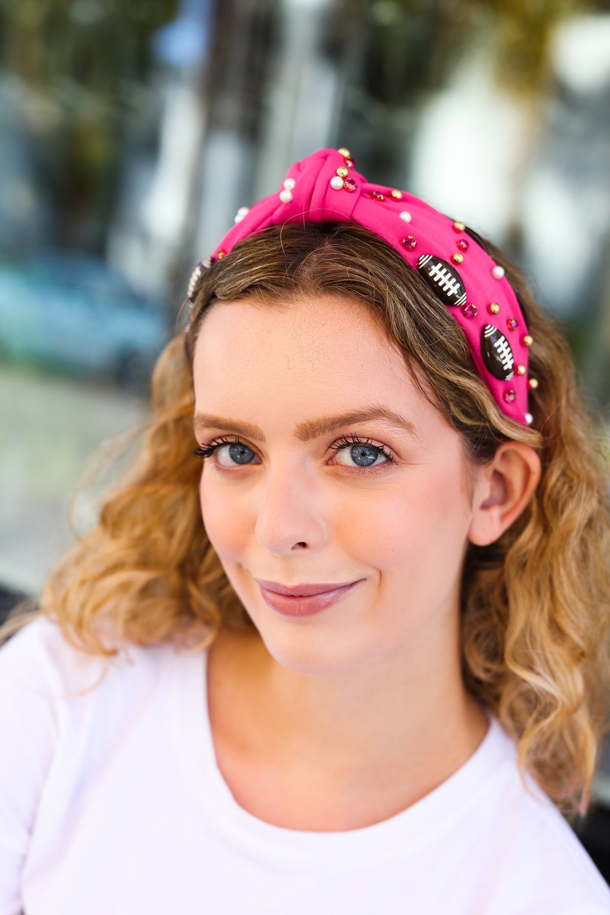 Fuchsia Stone & Gem Football Embellished Top Knot Headband