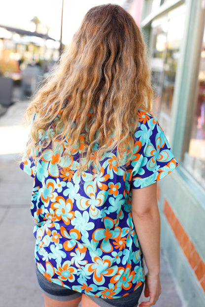 Blue & Orange Flat Floral V Neck Top