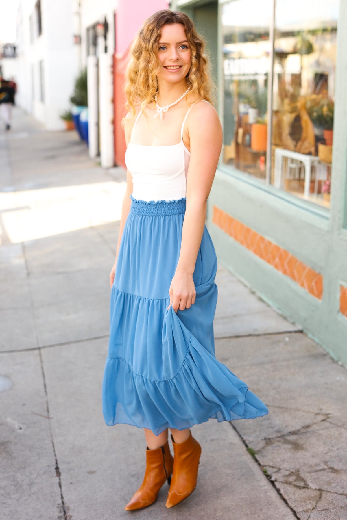 Look of Love Denim Blue Smocked Waist Tiered Chiffon Skirt