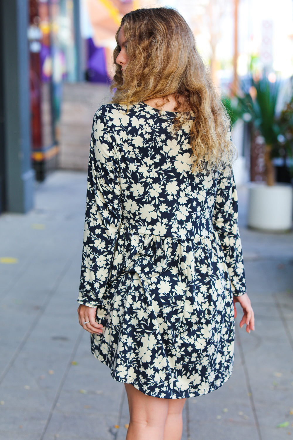 Charcoal Blue Floral Long Sleeve Babydoll Dress