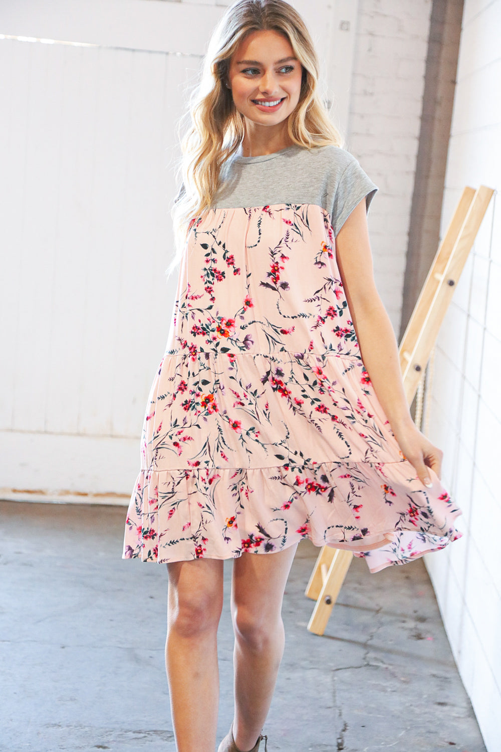 Blush Floral Crinkle Rayon & Terry Babydoll Tiered Dress