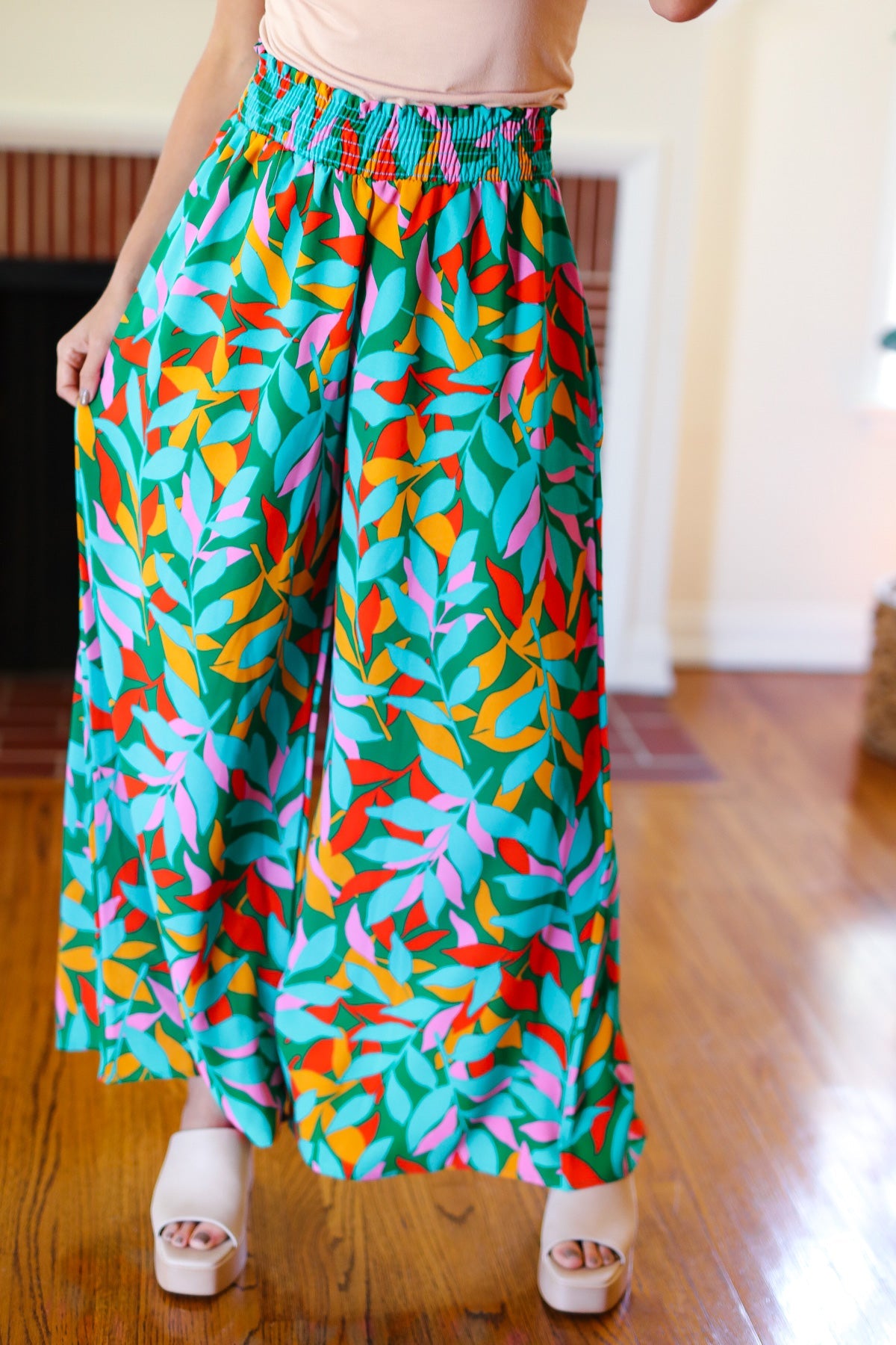 Summer Vibes Green & Orange Abstract Print Smocked Palazzo Pants