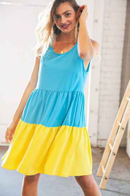 Blue Flare Color Block Tiered Woven Dress