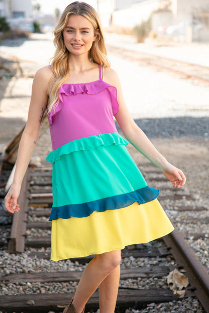 Fuchsia Shoulder Strap Color Block Tiered Ruffle Dress