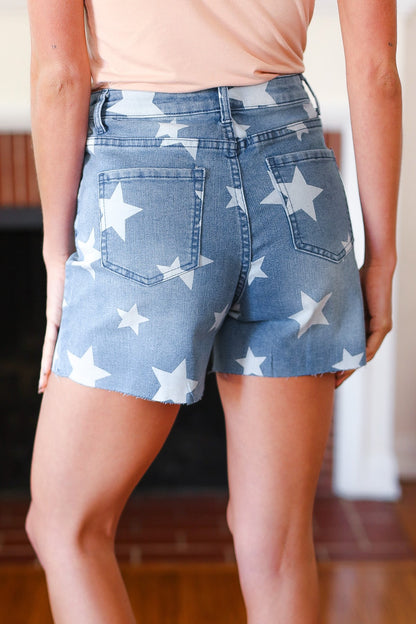 Light Wash Star Print High Rise Denim Shorts