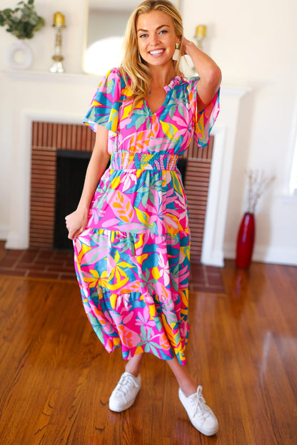 Tropical Trance Fuchsia Floral Smocked Waist Maxi Dress