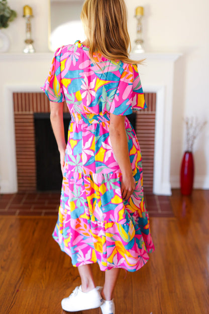 Tropical Trance Fuchsia Floral Smocked Waist Maxi Dress