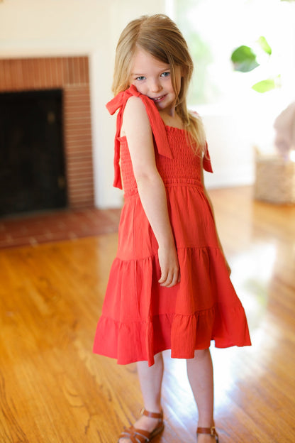 Kids Darling Paprika Crepe Tiered Smocked Shoulder Tie Dress