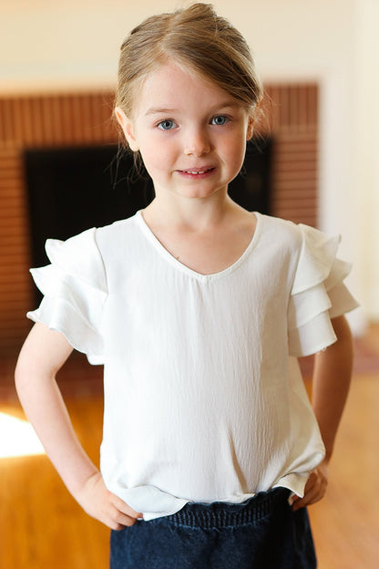 Kids Lovable Linen Feel V Neck Ruffle Sleeve Top