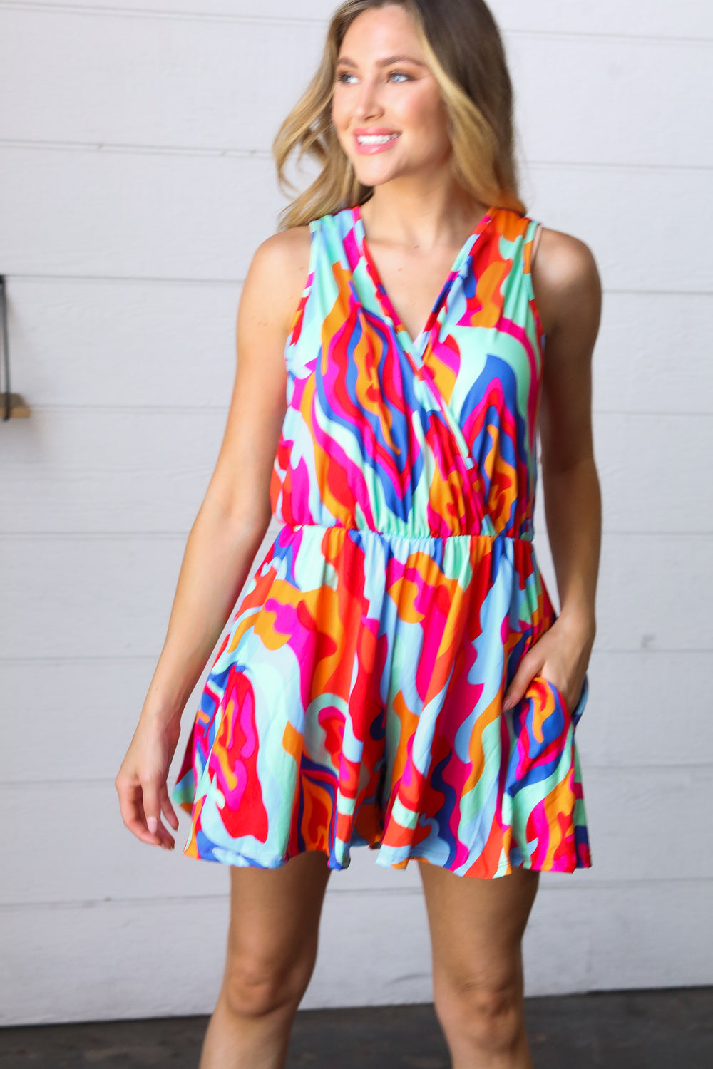 Vibrant Multicolor Abstract Sleeveless Surplice Romper