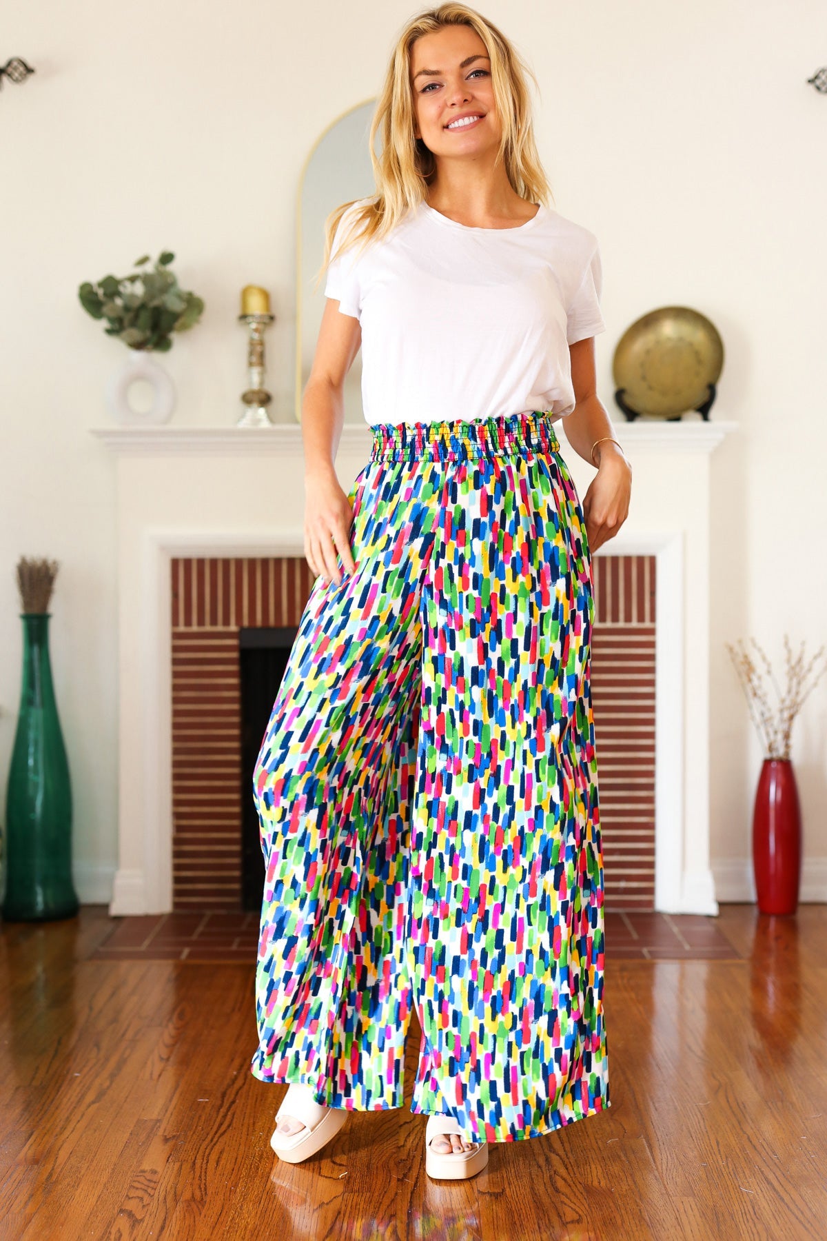 Stand Out Navy & Green Abstract Print Smocked Waist Palazzo Pants