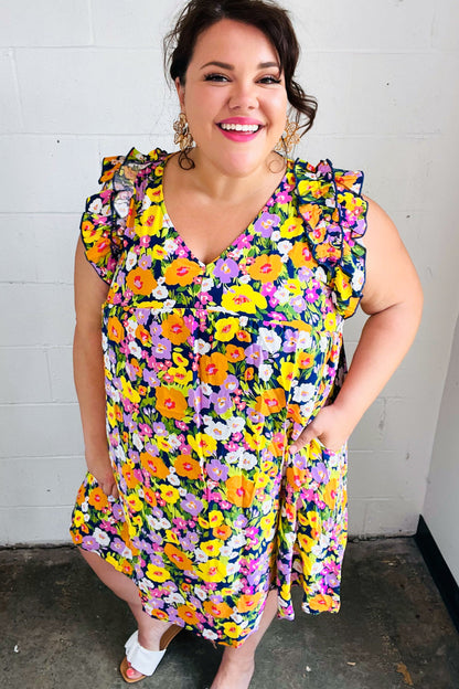 Indigo & Lemon Floral Babydoll Ruffle Dress