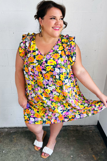 Indigo & Lemon Floral Babydoll Ruffle Dress