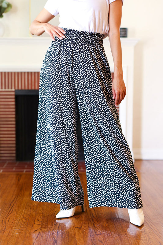 Let's Meet Up Black Animal Print Smocked Waist Palazzo Pants