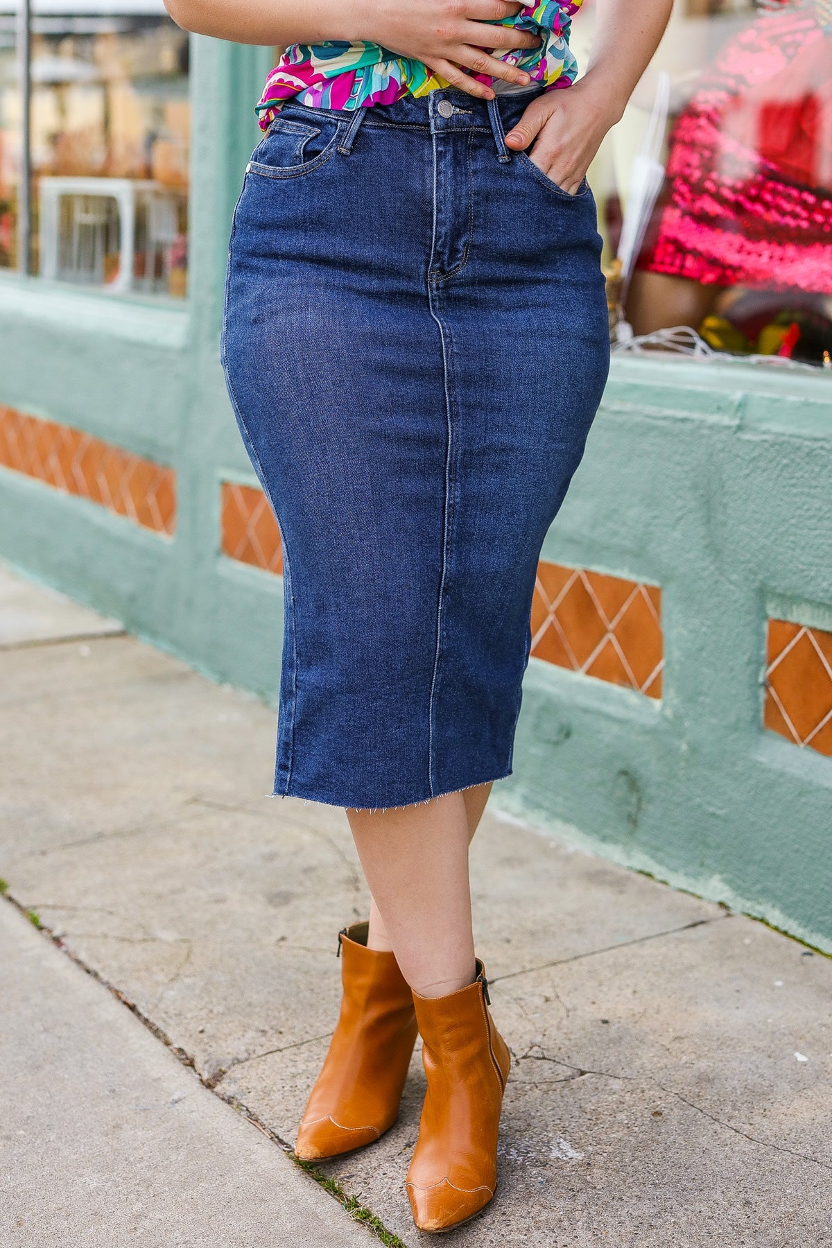 Judy Blue Easy To Love Dark Denim High Rise Back Slit Midi Length Skirt