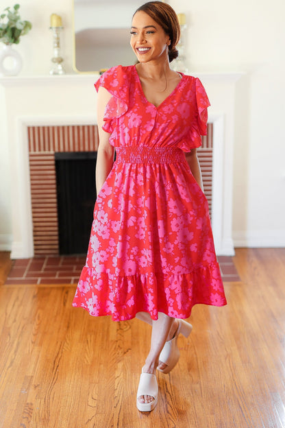 Remember Me Red & Pink Floral Print Smocked Waist Midi Dress