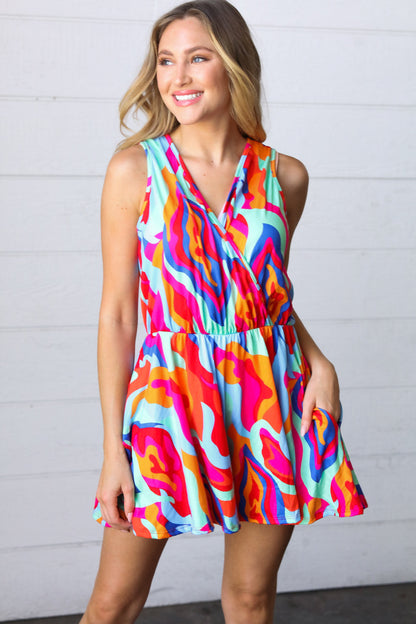 Vibrant Multicolor Abstract Sleeveless Surplice Romper