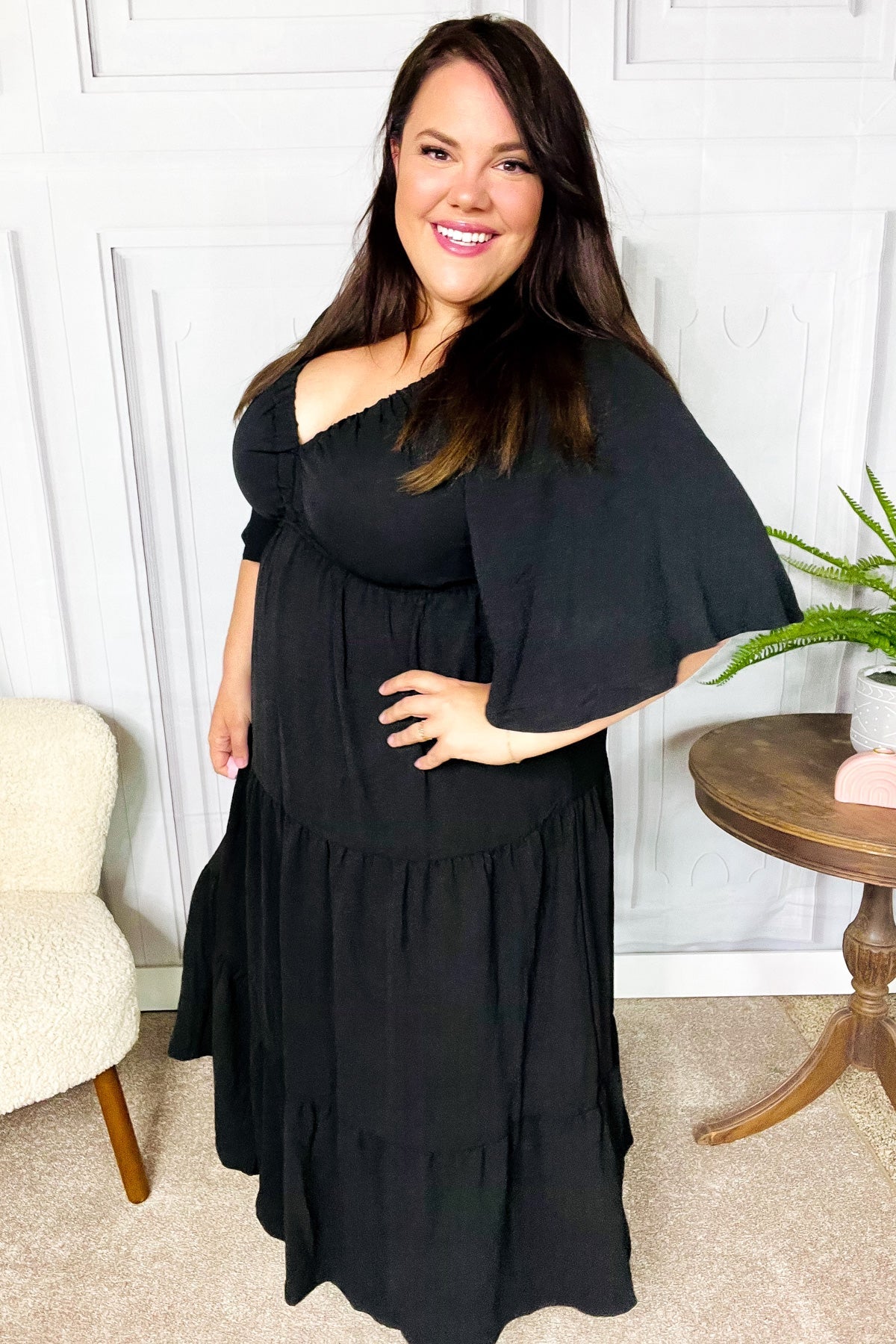 Talk Of The Town Black Elastic V Neck Tiered Maxi Dress