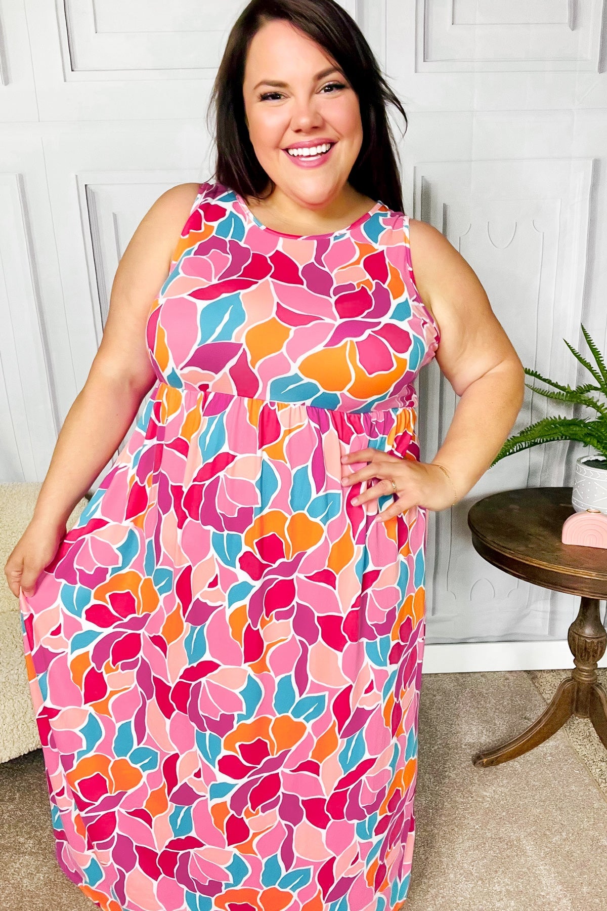 Hello Beautiful Fuchsia Abstract Floral Fit & Flare Maxi Dress