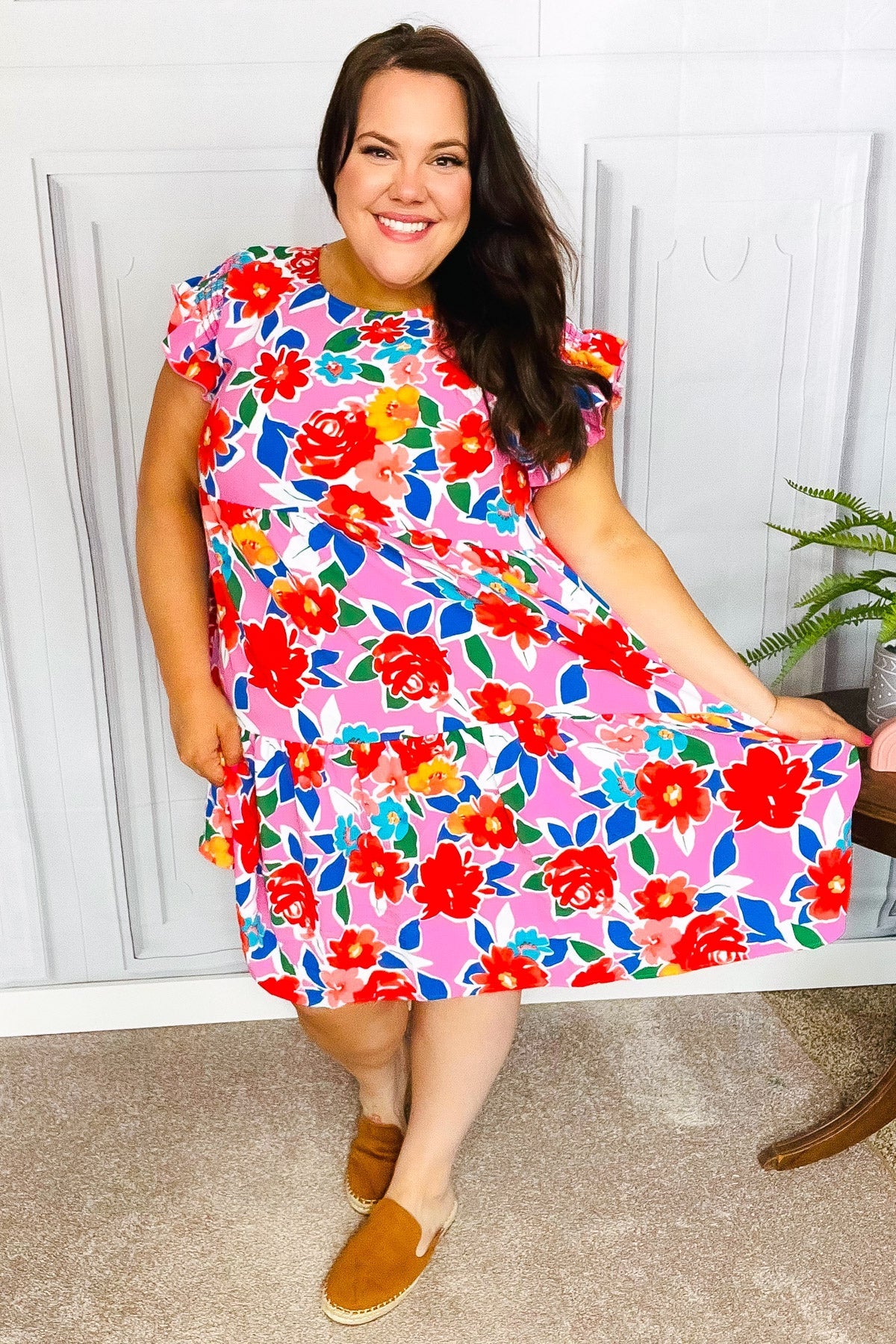 Love Found Pink Floral Smocked Ruffle Sleeve Tiered Dress