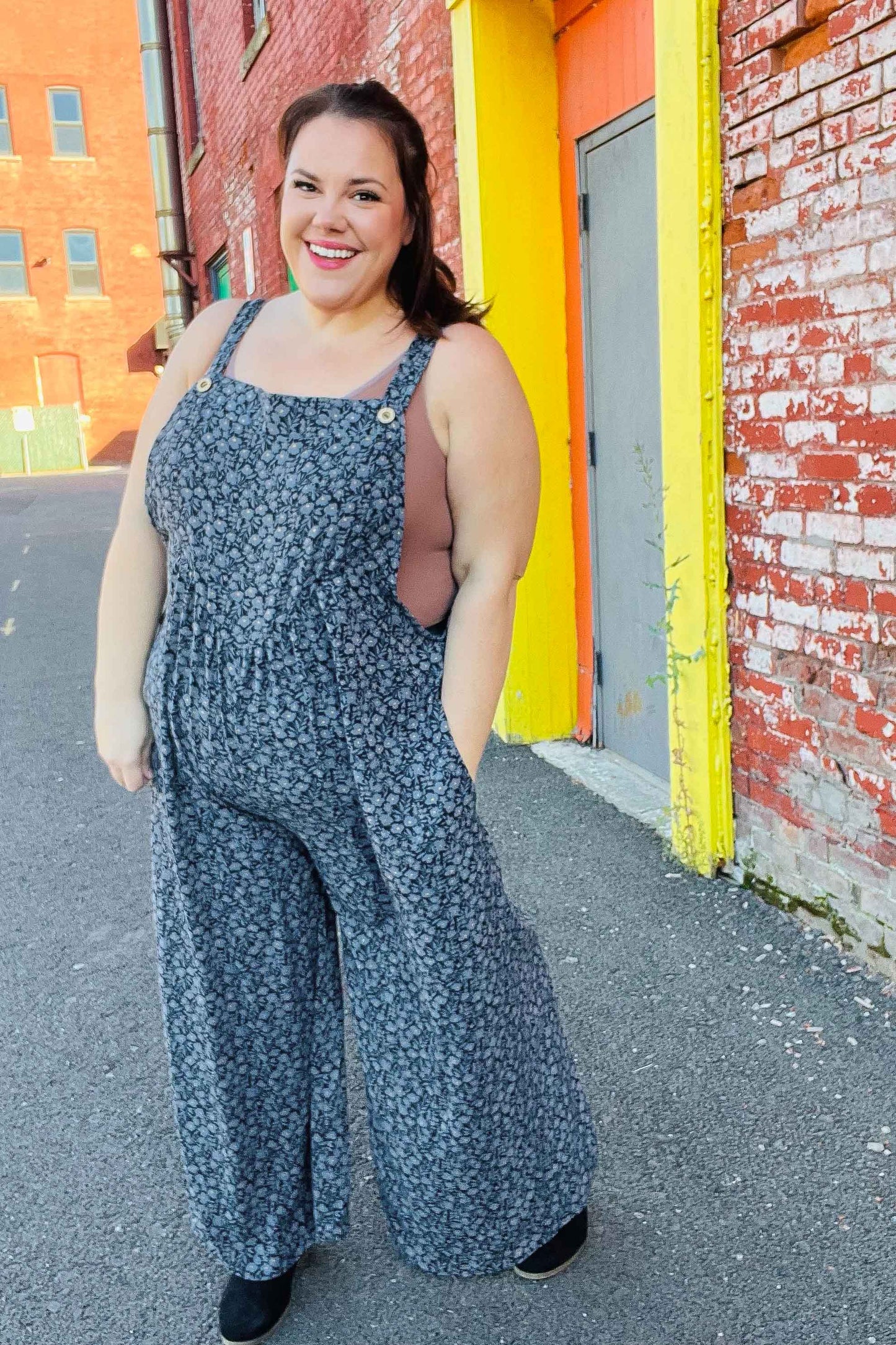 Feeling Femme' Charcoal Floral Print Baggy Overall Jumpsuit