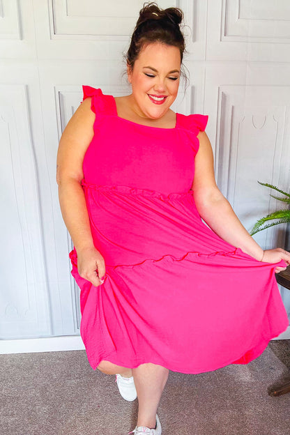 Lots To Love Fuchsia Smocked Flutter Sleeve Tiered Midi Dress