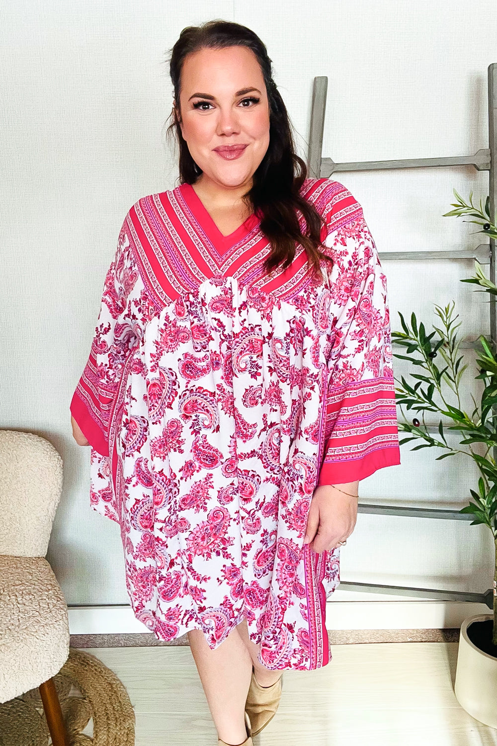 Let's Meet Up Red & Pink Paisley Drop Shoulder Kimono Dress