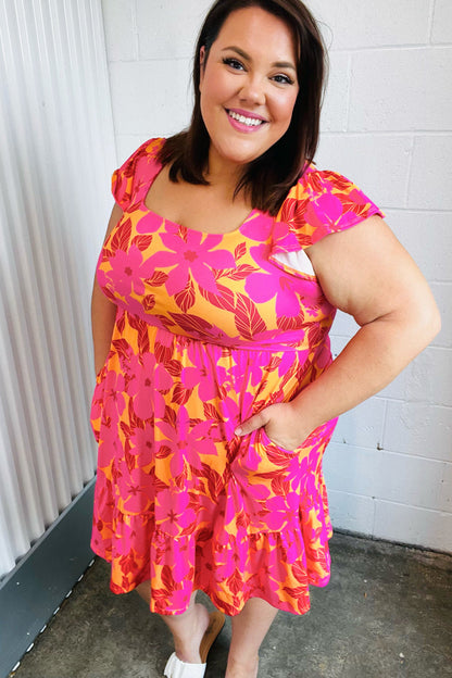 Fuchsia & Orange Tropical Floral Square Neck Dress