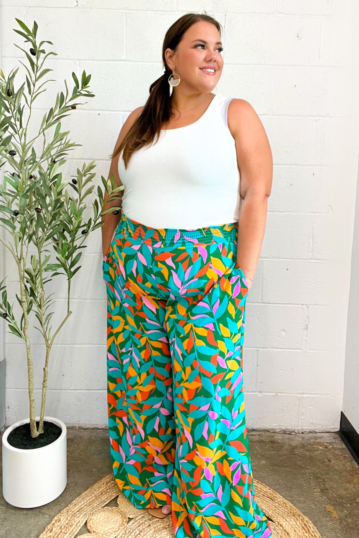 Summer Vibes Green & Orange Abstract Print Smocked Palazzo Pants