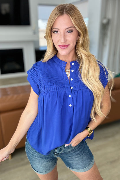 Pleat Detail Button Up Blouse in Royal Blue