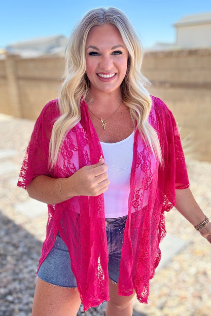 Good Days Ahead Lace Kimono In Fuchsia