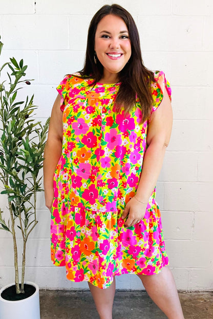 Be Charming Lime & Pink Floral Print Tiered Ruffle Sleeve Dress