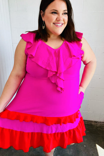 Fuchsia Ruffle V Neck Crepe Tiered Midi Dress