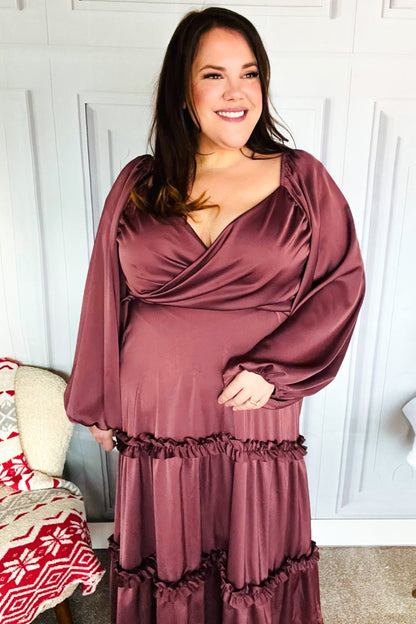 Holiday Vibes Wine Satin Front Overlap Smocked Back Maxi Dress