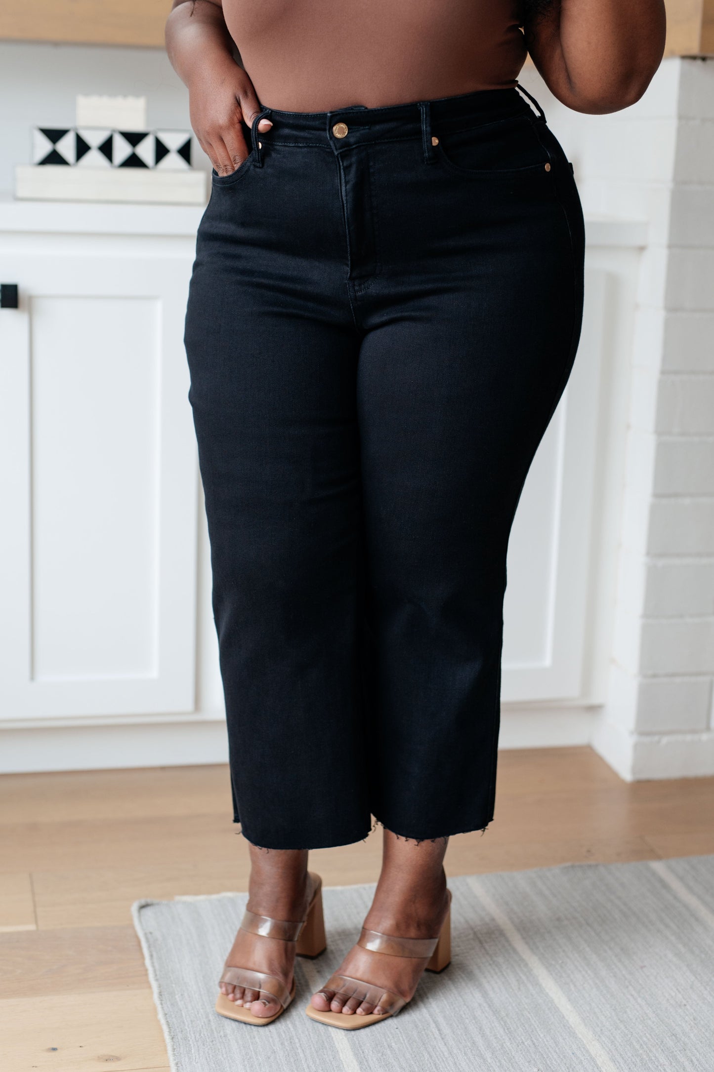 Lizzy High Rise Control Top Wide Leg Crop Jeans in Black