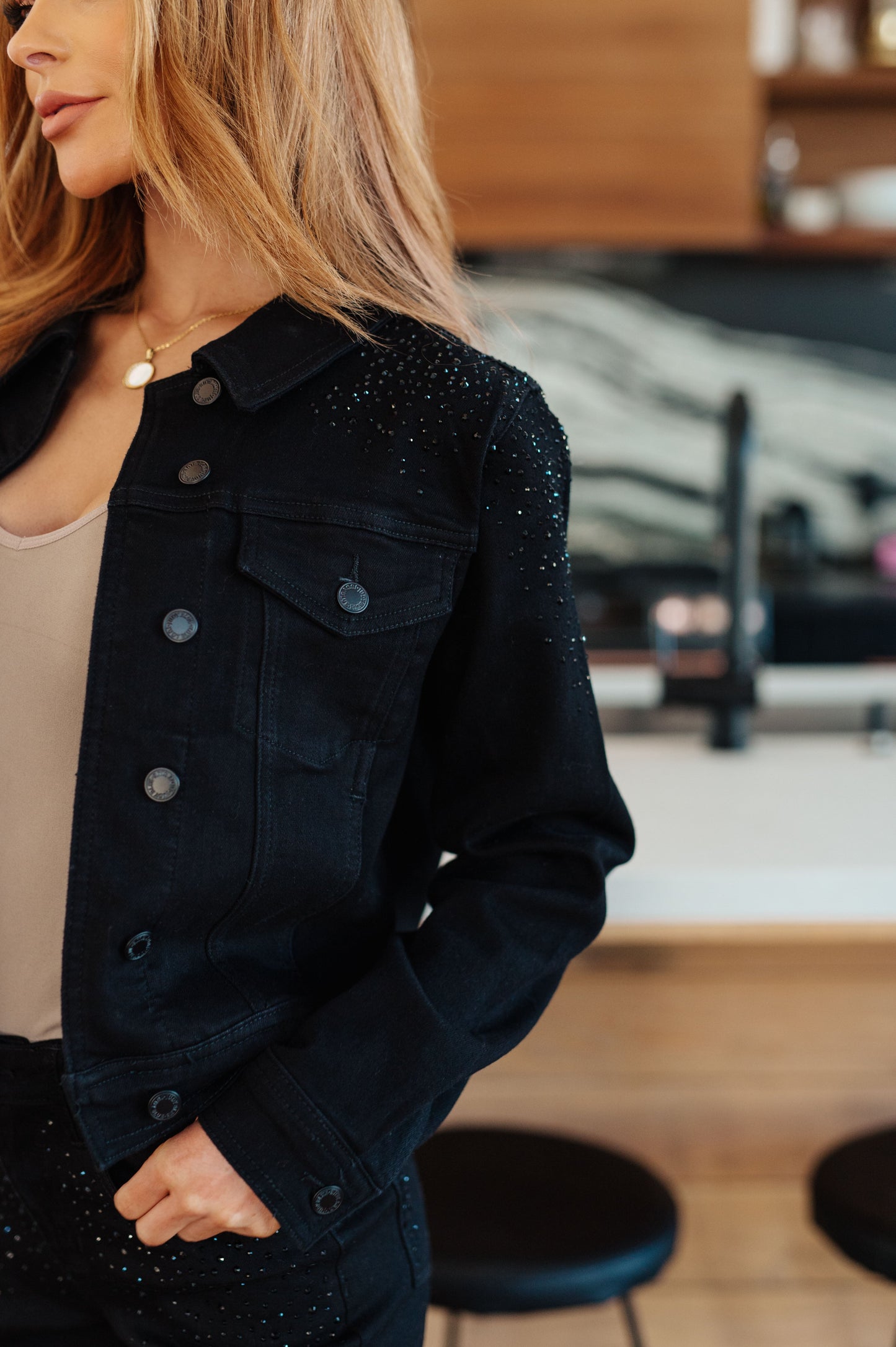 Reese Rhinestone Denim Jacket in Black