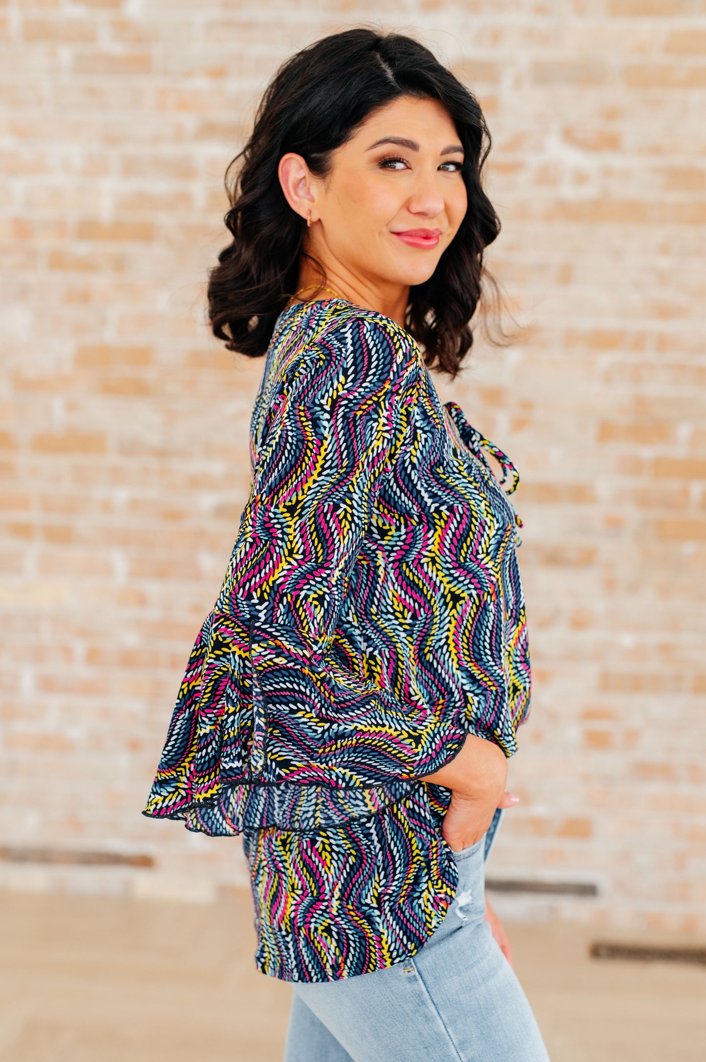 Willow Bell Sleeve Top in Navy Rainbow Rope