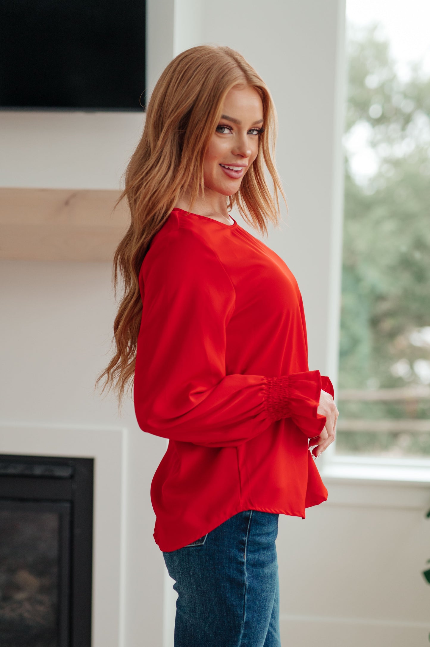 Peaceful Moments Smocked Sleeve Blouse in Red